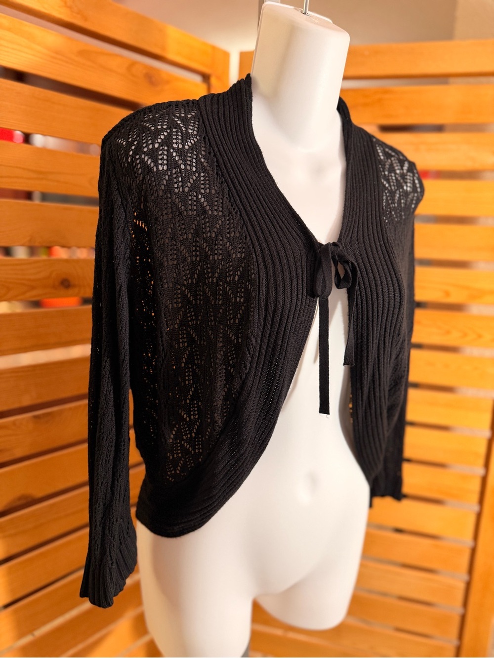 Black Tie-Front Open Knit Women's Cardigan Shrug - Picture 2 of 8